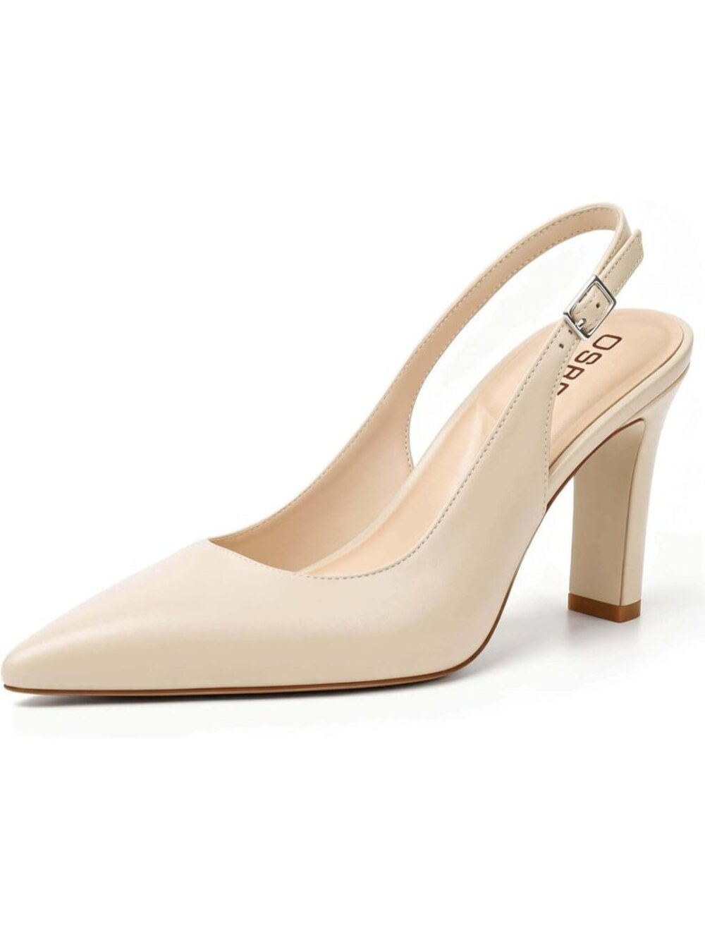 Women's Beige Slingback Chunky Block Heel Pointed Toe With Adjustable Strap Shoe